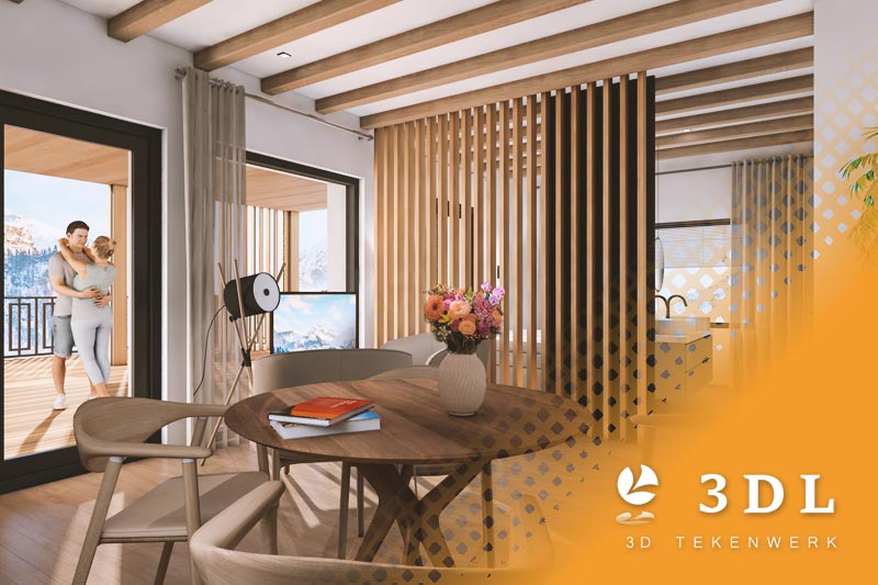 3D-art-impression-vakantie-appartement-Oostenrijk-woonkamer